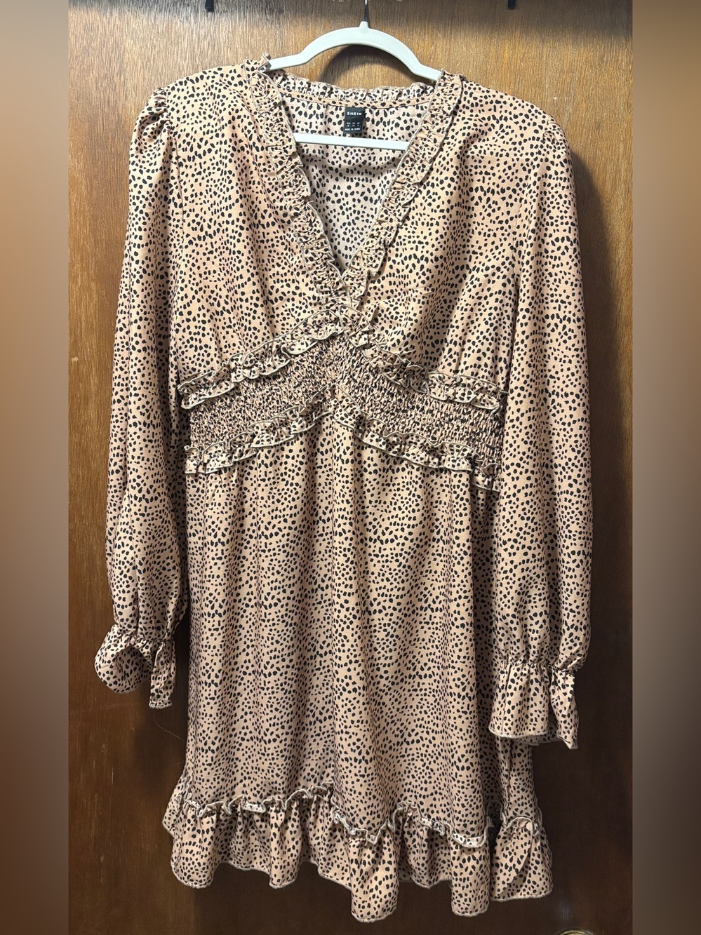 SHEIN Beige Leopard Print Ruffle Long Sleeve Short Dress